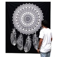 B&W Double Cotton Bedspread + Wall Hanging - Dreamcatcher