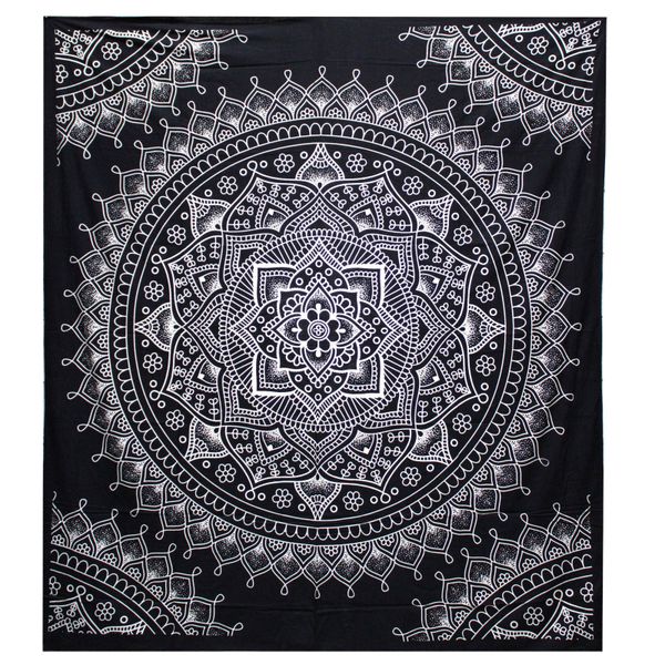 B&W Double Cotton Bedspread + Wall Hanging - Lotus Flower
