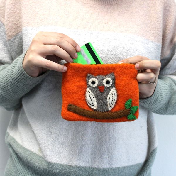 Natural Felt Zipper Pouches - Owl on Branch