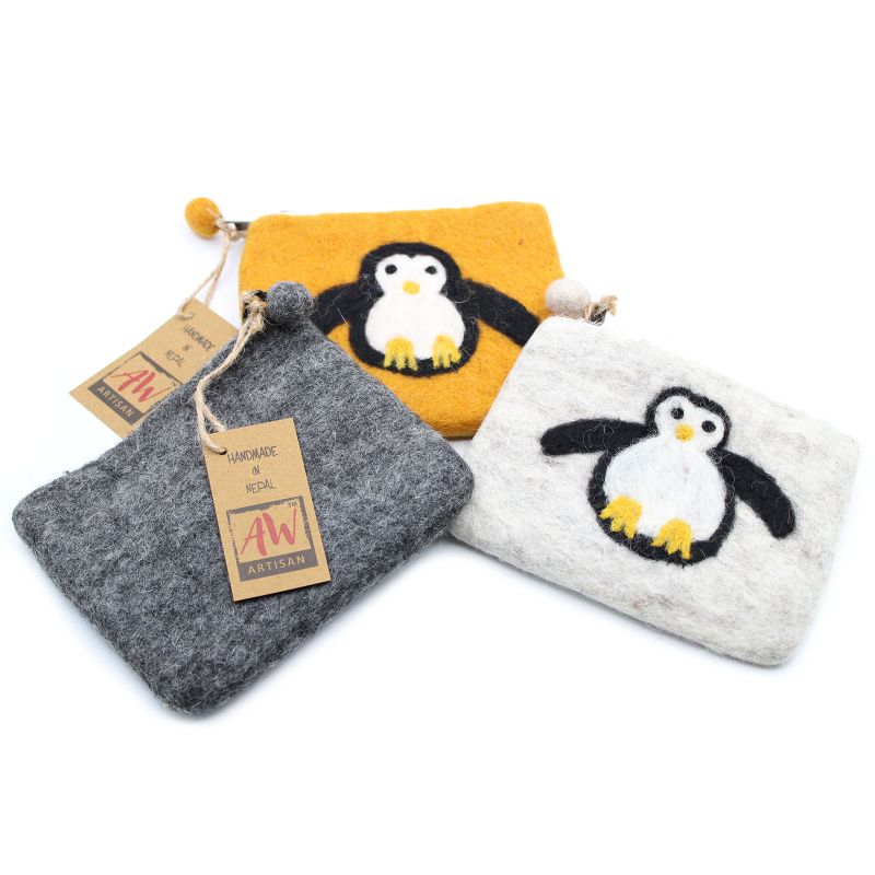 Natural Felt Zipper Pouches - Cute Penguin