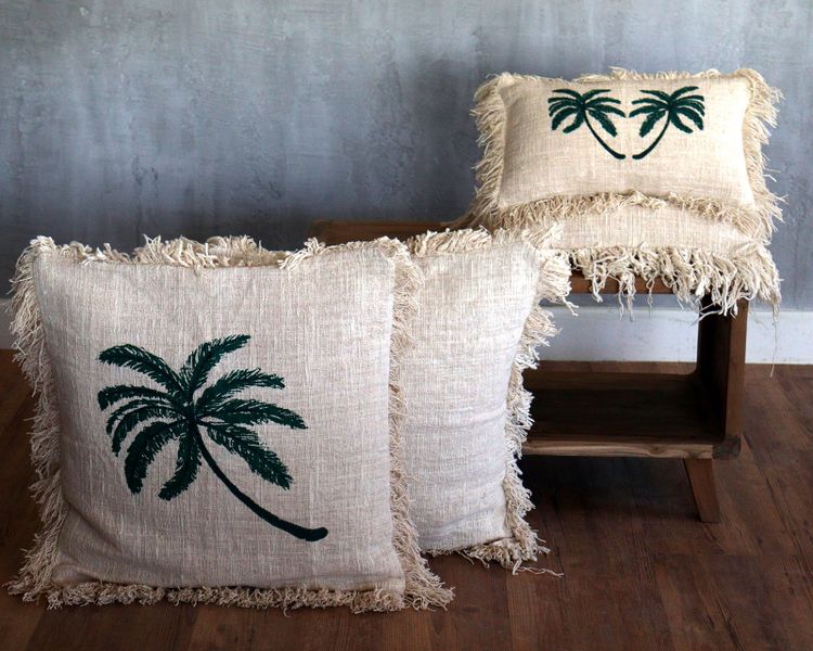 Linen Cushion Cover 45x45cm Palm Tree  with Fringe