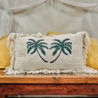 Linen Cushion Cover 30x50cm Palm Tree with Fringe