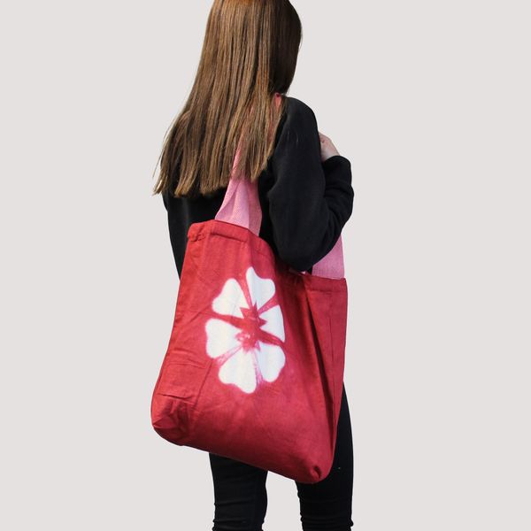 Natural Tye-Dye Cotton Bag (8oz) - 38x42x12cm - Blue Rings - Blue Handle
