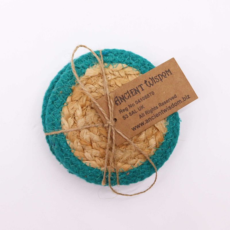 Natural Coaster - Jute & Cotton 10cm  (set of 4) - Teal Boarder