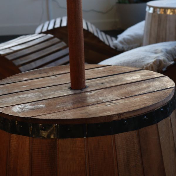 Beer Barrel Table & Parasol Stand – Natural Wood 60 x 48.5 cm