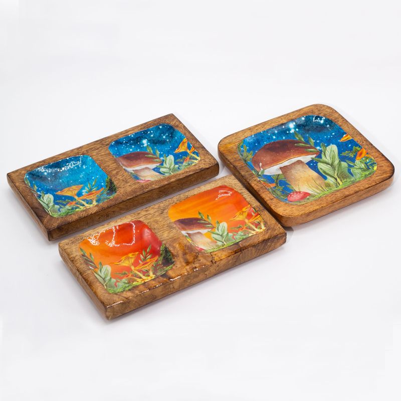 Double Trinket Tray 20x10x2.5cm - Mushroom Design Teal