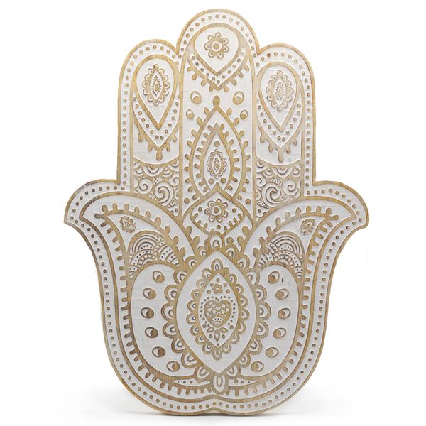 Mango Wood Hamsa Wall Plaque - Whitewash