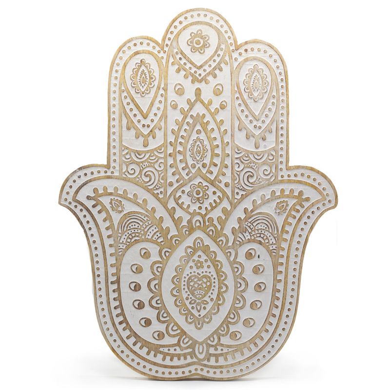 Mango Wood Hamsa Wall Plaque - Whitewash