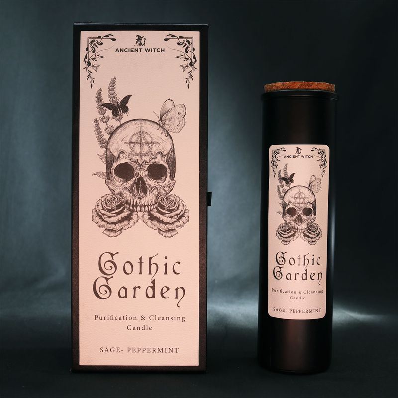 Gothic Garden ritual candle displayed with its illustrated packaging