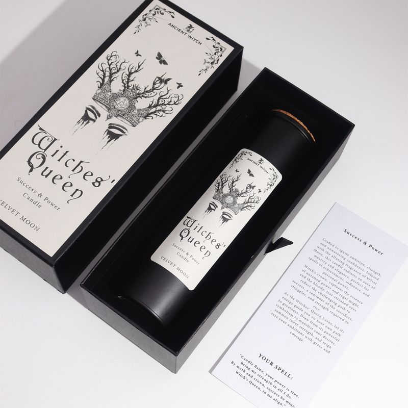 Witches’ Queen black candle with cork lid inside its gift box