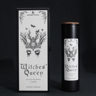 Witches’ Queen ritual candle and crowned-moth gift box on a black background