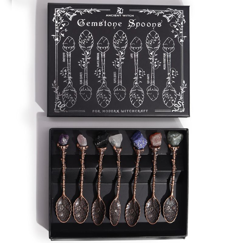 Set of 7 Bronze Gemstone Crystal Witch Spoons