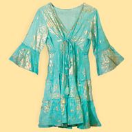 Nomad Sari Turquoise & Gold Coral Print Dress (L/XL)