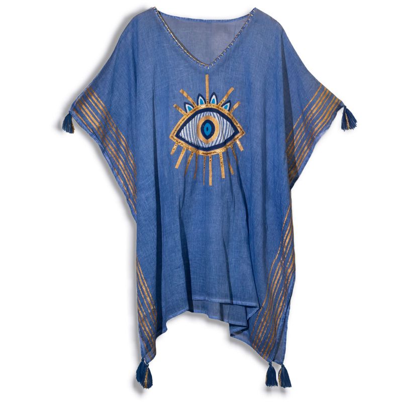 Nomad Sari Kaftan – Rich Blue & Gold Evil Eye Print