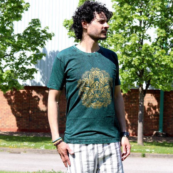 Nomad Sari Stonewashed Cotton T-Shirt – Hamsa – Green – Small