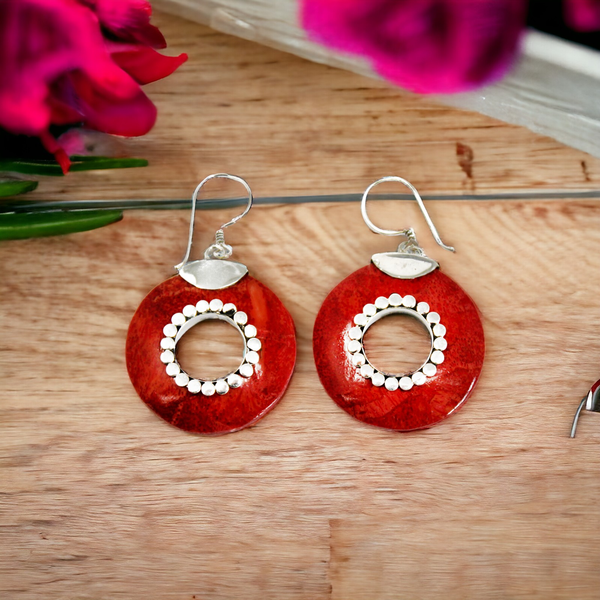 925 Silver Earrings - Red Coral Imitation
