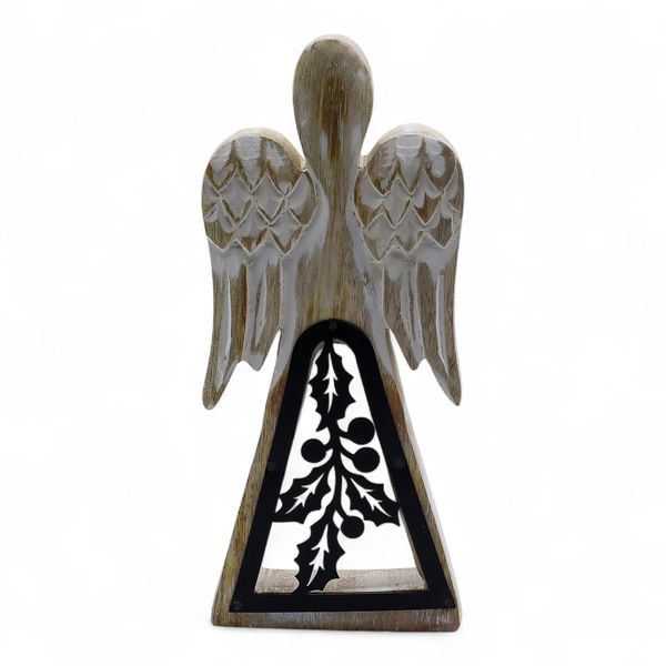 Mango Wood Angel - Whitewash with Iron Decor Cut Out