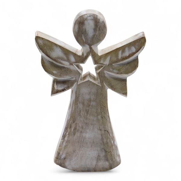 Mango Wood Angel - Whitewash with Star Cut Out