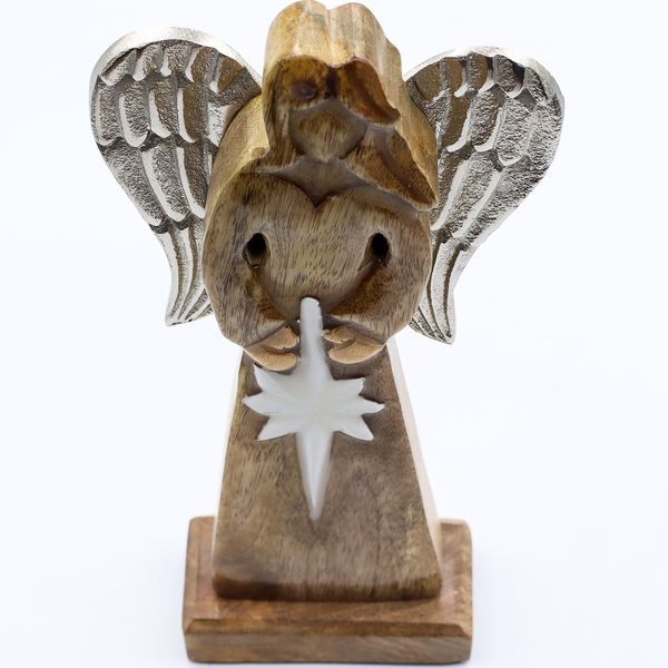 Large Mango Wood Peace Angel Metal Wings & Enamel Detail