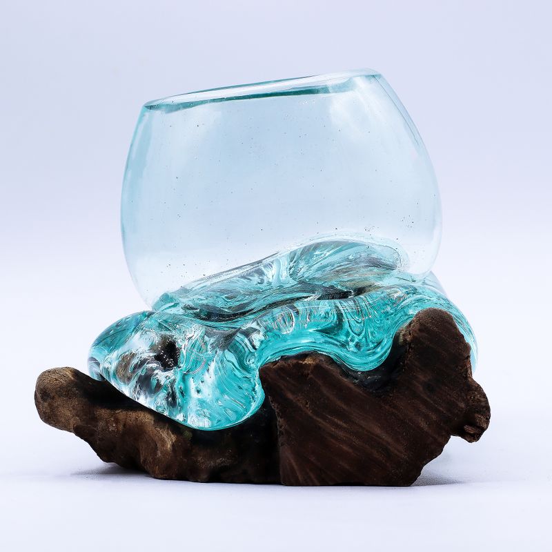 Molten Glass Mini Goldfish Bowl on Wood 20cm