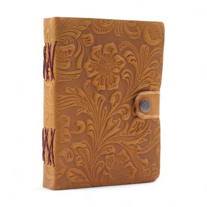 Leather Embossed Notebook – Tan Floral Pattern – 17.8×12.7 cm