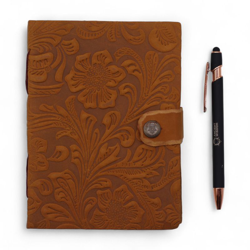 Leather Embossed Notebook – Tan Floral Pattern – 17.8×12.7 cm