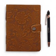 Leather Embossed Notebook – Tan Floral Pattern – 17.8×12.7 cm