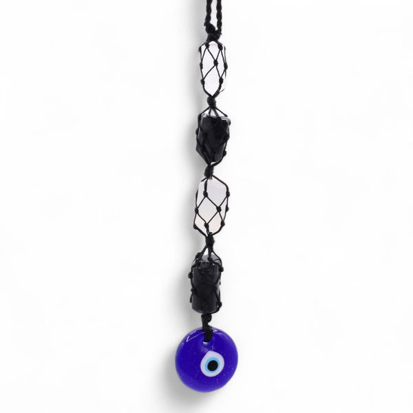 Hanging Stone Pendant - Black Torrmaline & Selonite Tumble- Evil Eye