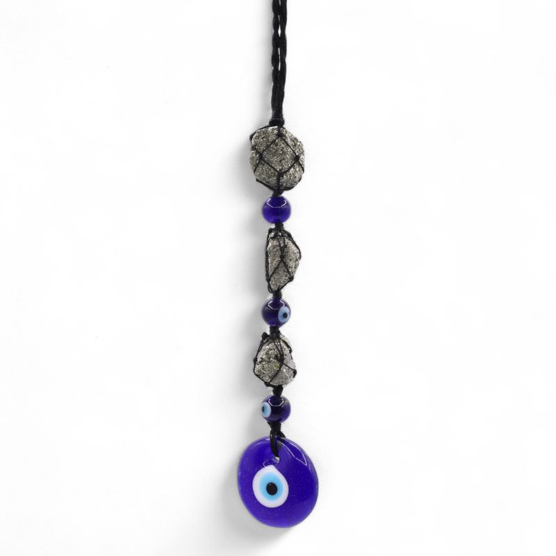 Hanging Stone Pendant - Pirite Stones & Beads- Evil Eye