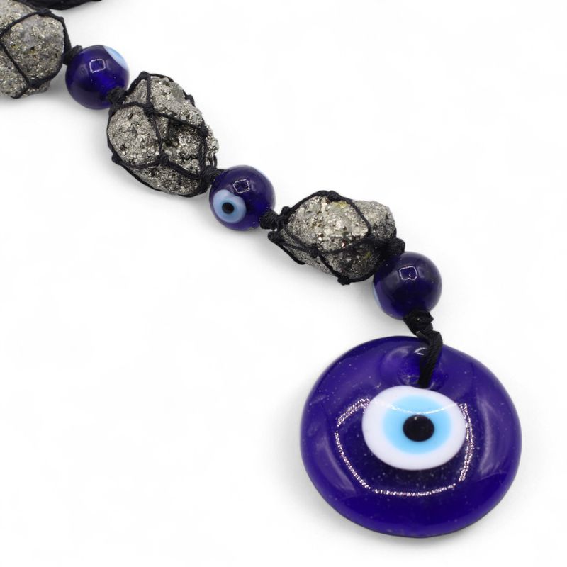 Hanging Stone Pendant - Pirite Stones & Beads- Evil Eye