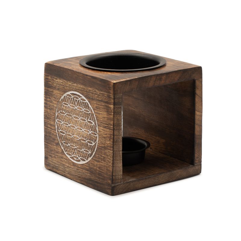 Square Mango Wood Oil Burner - Flower of Life