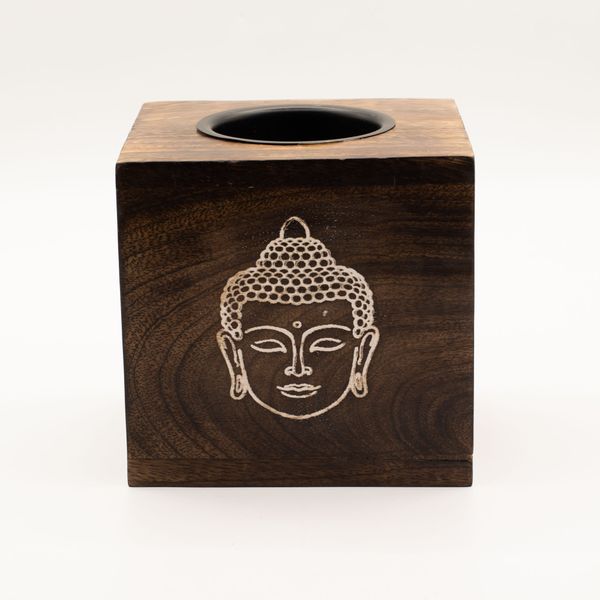 Large Square Mango Wood Oil Burner- Buddha Face