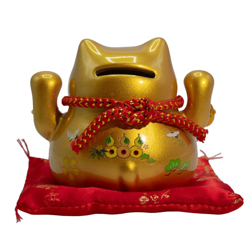 Ceramic Money Cat Bank - Gold on Cushion