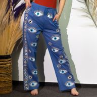Nomad Sari Lounge Pants (L/XL) – Rich Blue with Hand-Painted Gold Evil Eye Design