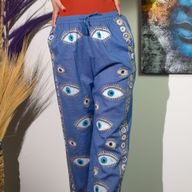 Nomad Sari Lounge Pants (L/XL) – Rich Blue with Hand-Painted Gold Evil Eye Design