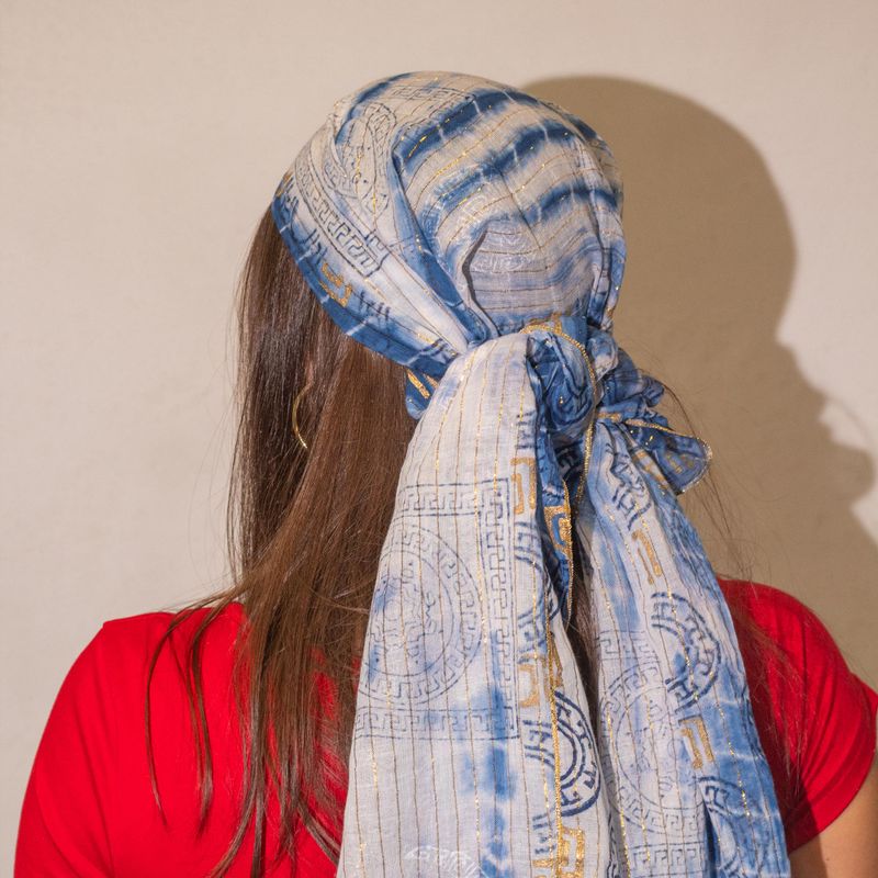 Nomad Sari Summer Marbella Print Scarf - Blue with Gold (180x50cm)