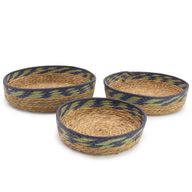 Straw & Seagrass Tray Baskets - Natural Green & Blue- Set of 3