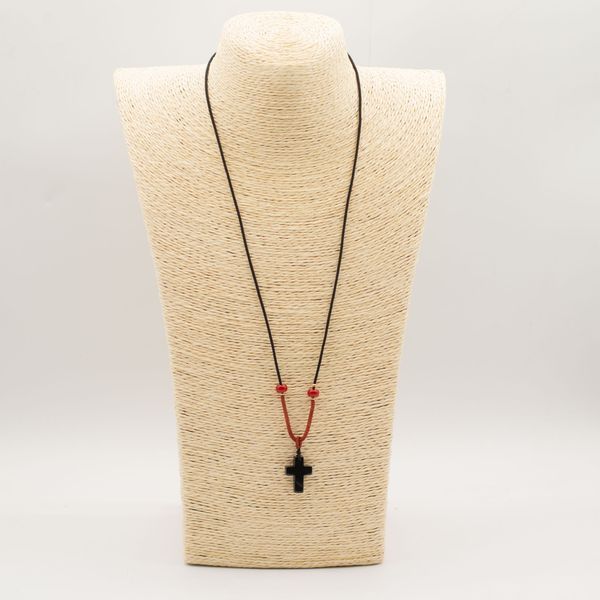 Cord Necklace Gemstone Pendant - Black Agate Cross