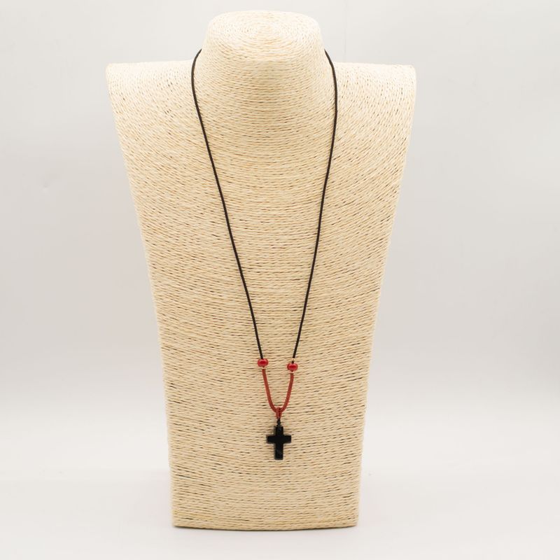 Cord Necklace Gemstone Pendant - Black Agate Cross