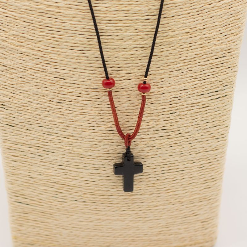 Cord Necklace Gemstone Pendant - Black Agate Cross