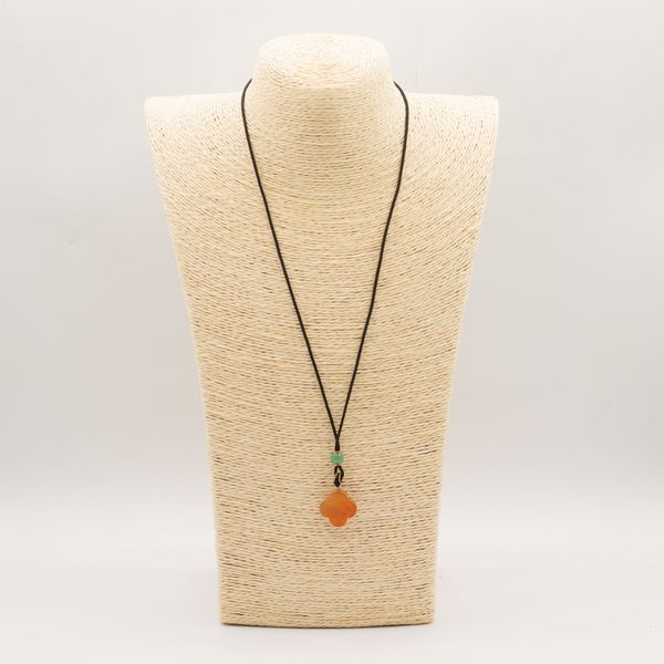 Cord Necklace Gemstone Pendant - Red Jade Clover