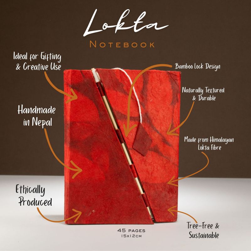 Lokta Bold Floral Bamboo Lock Notebook – Medium (15x12cm) – 45 Leaves – Ruby