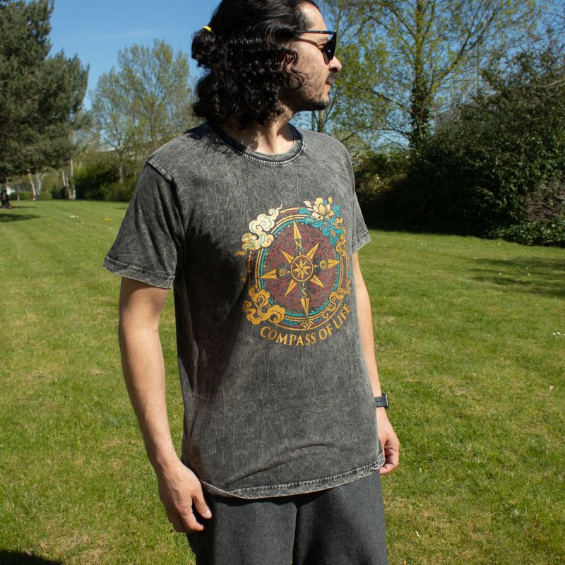 Nomad Sari Stonewashed Cotton T-Shirt - Compass of Life - Charcoal - Medium