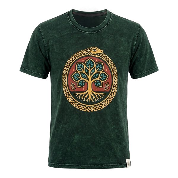 Nomad Sari Stonewashed Cotton T-Shirt - Tree of Life - Green - Medium