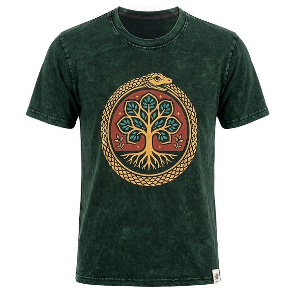 Nomad Sari Stonewashed Cotton T-Shirt - Tree of Life - Green - XL