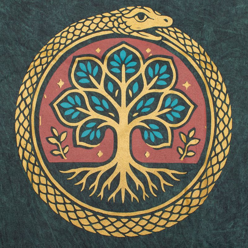 Nomad Sari Stonewashed Cotton T-Shirt - Tree of Life - Green - XL