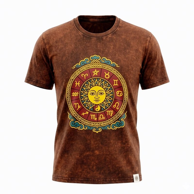 Nomad Sari Stonewashed Cotton T-Shirt - Sun & Zodiac - Brown - Medium