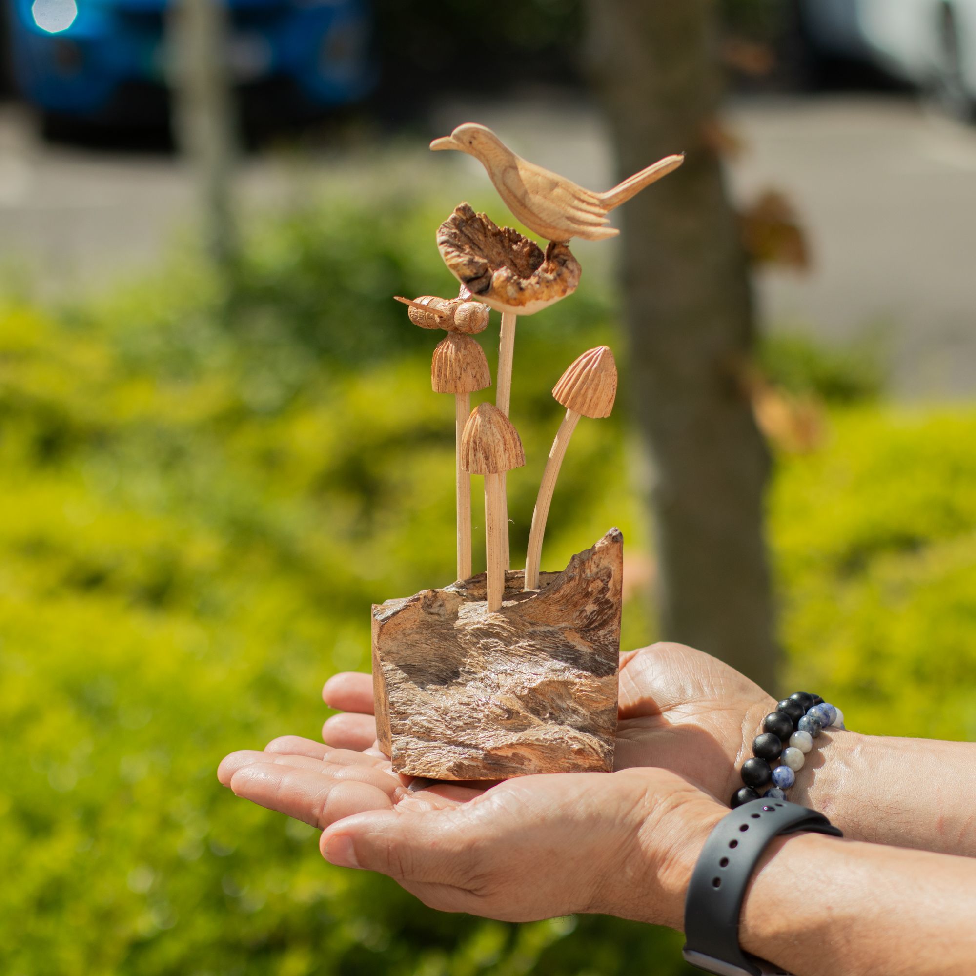 Bird & Bee on Mushrooms Handmade Parasite Wood Carving