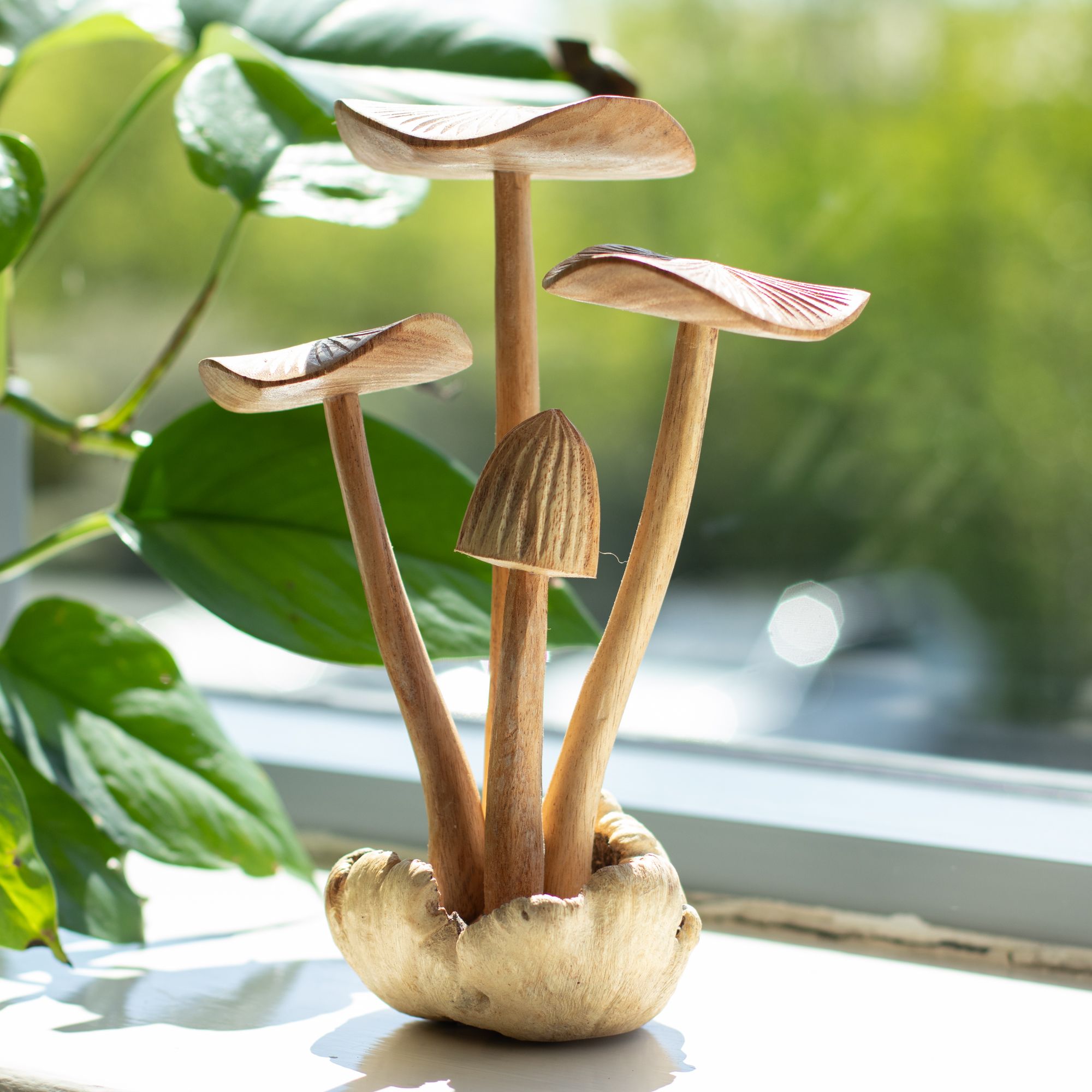 Set of 4 Large Mushrooms Handmade Parasite Wood Carving