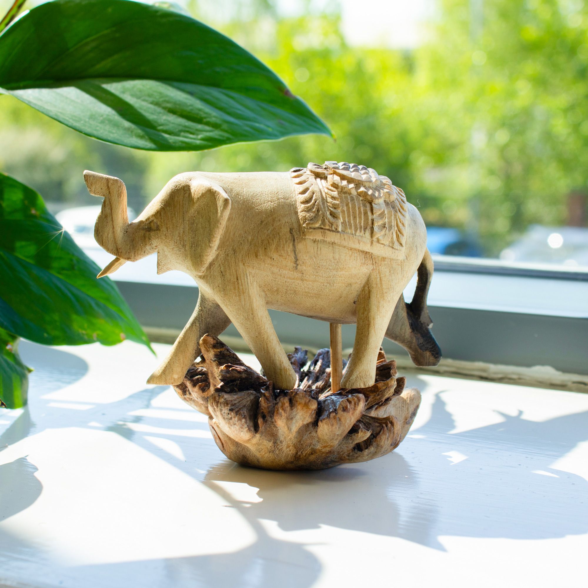 Elephant Walking Handmade Parasite Wood Carving